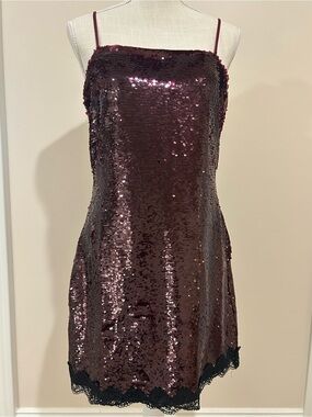 Burgundy Sequin Slip Mini Dress with Black Lace Trim